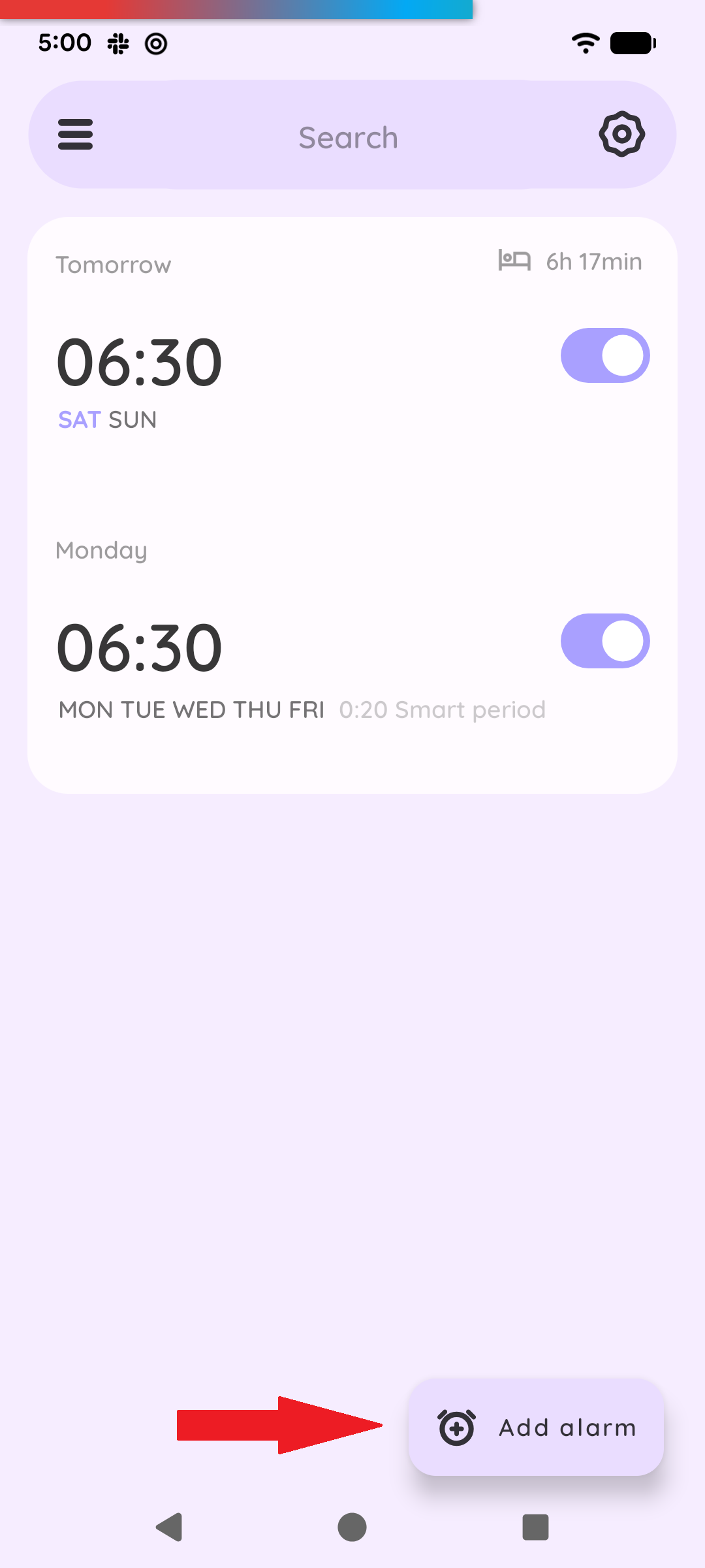Create alarm from main Alarms only main page